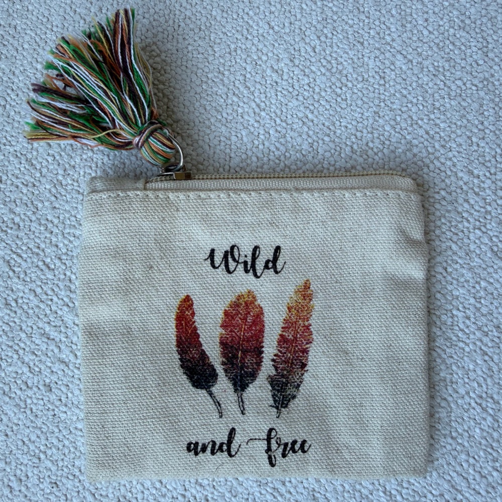 Neutral Canvas Feather Tassel Zip Pouch - Cream with Multicolor Accents